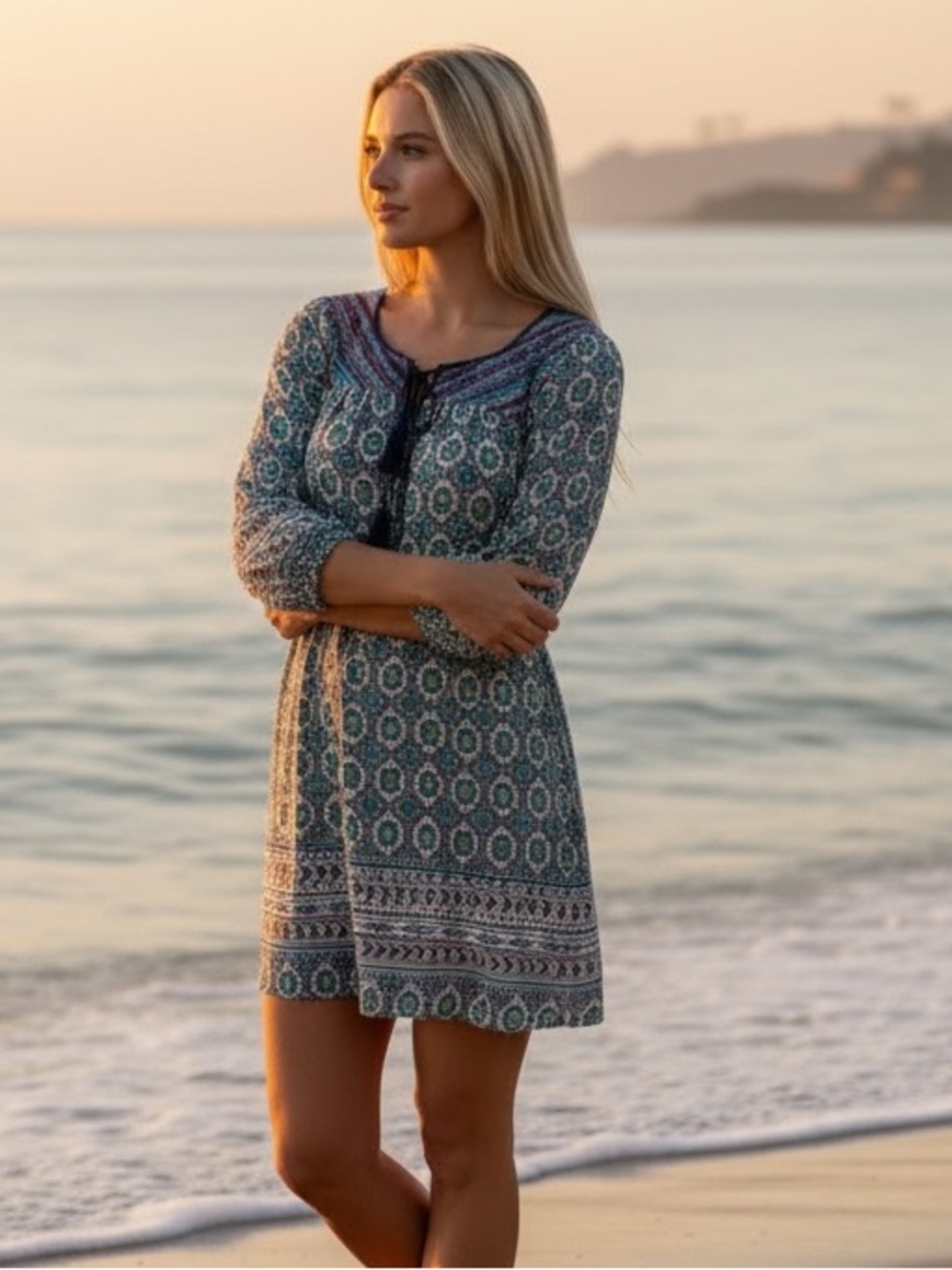 Flying Tomato Teal Navy & Cream Embroidered Boho Dress/ Beach Cover